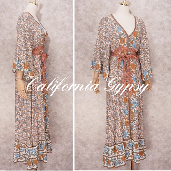 Boho Floral Gypsy Print Maxi Dress Kimono - Picture 6 of 16